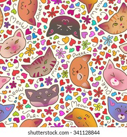 Seamless pattern with mewing and purring cats. Valentines day card, ornate background, design. Hand-drawn seamless pattern with cats, hearts and flowers. Hand drawn vector illustration.