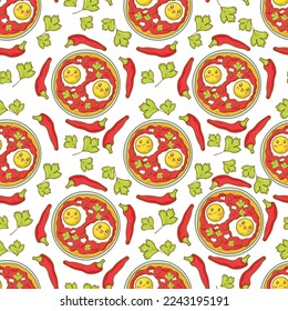 Seamless pattern with mexican baltun scrambled eggs Huevos rancheros with salsa and funny faces in doodle cartoon style isolated on white background