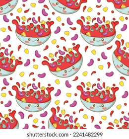 Seamless pattern with Mexican bean soup with funny faces in doodle cartoon style isolated on white background