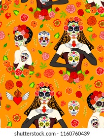 Seamless pattern with mexican beautiful women with Dia Los Muertos make-up and sugar skull