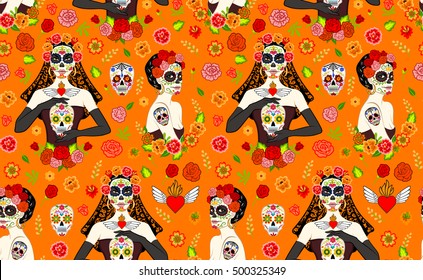 Seamless pattern with mexican beautiful women with Dia Los Muertos make-up and sugar skull