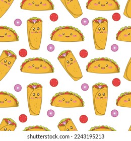 Seamless pattern with mexican burritos and tacos with funny faces in doodle cartoon style isolated on white background