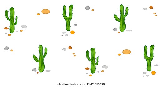Seamless pattern with mexican cacti in the desert. Cactus and stones. Vector sketch at light background.