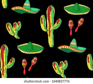 Seamless pattern of Mexican cinco de mayo with cacti, hats and maracas. Vector illustration