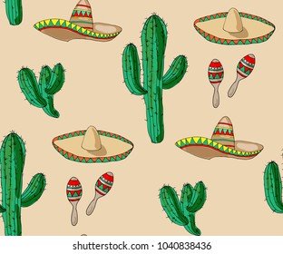 Seamless pattern of Mexican cinco de mayo with cacti, hats and maracas. Vector illustration