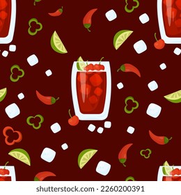 Seamless pattern with Mexican cocktail. Cherry limeade drink in glass with ice cubes, cherries and lime on dark burgundy background with chili pepper. Vector pattern with latin american drink.