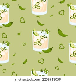 Seamless pattern with Mexican cocktail Spicy Jalapeno Margaritas on green background with chili peppers. Vector illustration. Continuous background pattern with latin american drink