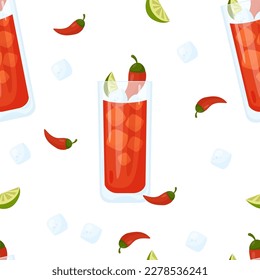 Seamless pattern with Mexican cocktail Vampiro on white background with ice cube, chili peppers and lime slices. Vector illustration. Pattern with latin american drink for wallpaper, print, decor