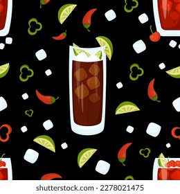 Seamless pattern with Mexican cocktails. Charro Negro and Cherry limeade drink in glass on black background with lime slices, ice cubes and chili peppers. Vector pattern with latin american drink