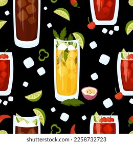 Seamless pattern with Mexican cocktails. Passion Fruit Mojito, Charro Negro and Cherry limeade drink in glass on black background with ice cubes and chili. Vector pattern with latin american drink