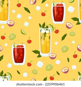 Seamless pattern with Mexican cocktails. Passion Fruit Mojito and Cherry limeade drink in glass on yellow background with ice cubes, lime and mint. Vector pattern with latin american drink.