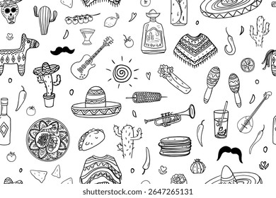 Seamless pattern of mexican culture. Nachos, takos, burrito, tomato, corn, cactus, hat, tequila, sombrero, lemon, tortilla, chili pepper, maracas. Hand drawn. Doodle