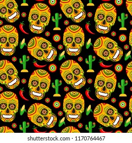 Seamless pattern for mexican day of the dead on black background