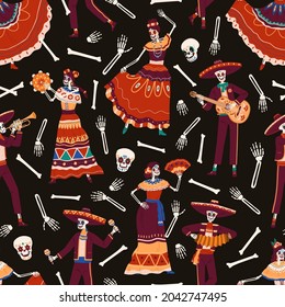 Patrón sin foco del Día de Muerte Mexicano con cráneos, esqueletos con guitarras y catrinas sobre fondo negro. Textura repetitiva para la fiesta de la muerte en México. Ilustración vectorial plana coloreada para la impresión