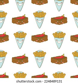 Patrón sin foco con churros de postre mexicano y brownie de chili con caras graciosas al estilo de caricatura de doodle aislado en fondo blanco