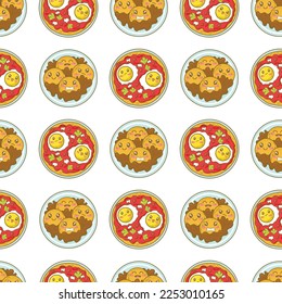 Seamless pattern with Mexican dessert pumpkin pancakes Sopaipilla and scrambled eggs Huevos Rancheros with funny faces in doodle cartoon style isolated on white background