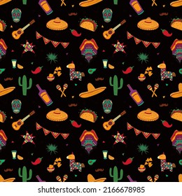 Seamless pattern with Mexican elements. Cactus, skull, hat and more. Hand-drawn flat vector illustration.