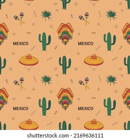 Seamless pattern with Mexican elements. Cactus, skull, hat and more. Hand-drawn flat vector illustration.