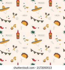 Seamless pattern with Mexican elements. Cactus, skull, hat and more. Hand-drawn flat vector illustration.