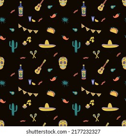 Seamless pattern with Mexican elements. Cactus, skull, hat and more. Hand-drawn flat vector illustration.