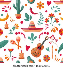 Seamless pattern with Mexican elements and floral decoration. Vector illustration.