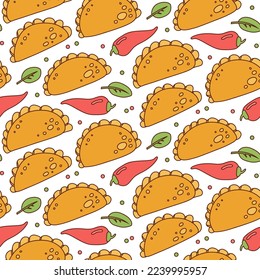 Seamless pattern with Mexican Empanadas with chili peppers and leaves on white background. Vector contour color illustration latin american food in linear style for wallpaper, packaging, textile