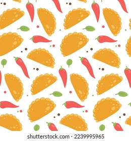 Seamless pattern with Mexican Empanadas with chili peppers on white background. Vector flat hand drawn illustration latin american food for packaging, textile