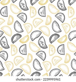 Seamless pattern with Mexican Empanadas in corn tortillas on white background. Vector contour outline illustration latin american food in linear sketch style.