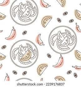 Seamless pattern with Mexican Empanadas on white background with chili peppers. Vector illustration latin american food in linear hand drawing doodle style for wallpaper, packaging, textile