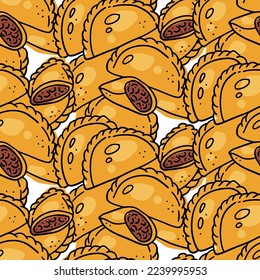 Seamless pattern with Mexican Empanadas pile. Vector sketch illustration latin american food in linear doodle style with abstract color shapes for wallpaper, packaging, textile