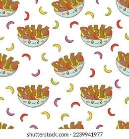 Seamless pattern with Mexican fajitas with funny faces in doodle cartoon style isolated on white background