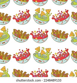 Seamless pattern with mexican fajitas, nachos, guacamole, bean soup with funny faces in doodle cartoon style isolated on white background
