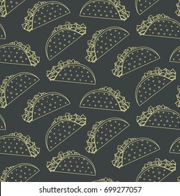 Seamless pattern with mexican fast food outline taco on black background. Nice spanish fastfood texture for textile, wallpaper, cover, banner, bar and cafe menu design