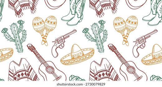 Padrão contínuo no estilo de festa mexicana com elementos desenhados à mão da cultura mexicana sombrero, guitarra, cacto, ferradura.
