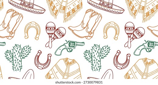 Padrão contínuo no estilo de festa mexicana com elementos desenhados à mão da cultura mexicana sombrero, guitarra, cacto, ferradura.