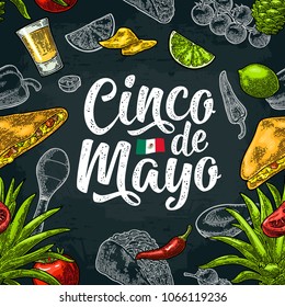 Seamless pattern mexican food and Cinco de Mayo handwriting lettering. Glass tequila, tacos nachos, and vegetables. Vector color vintage engraving illustration for menu. Isolated on dark background