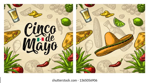 Seamless pattern mexican food and Cinco de Mayo handwriting lettering. Glass tequila, sombrero, tacos, nachos and vegetables. Vector color vintage engraving for menu. Isolated on beige background