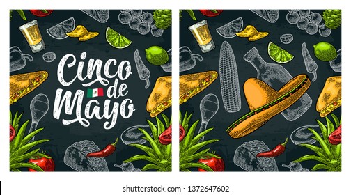 Seamless pattern mexican food and Cinco de Mayo handwriting lettering. Glass tequila, sombrero, tacos, nachos and vegetables. Vector color vintage engraving for menu. Isolated on dark background