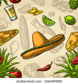 Seamless pattern mexican food. Glass tequila, bottle, sombrero, tacos and vegetables. Vector color vintage engraving illustration for poster, menu. Isolated on beige background