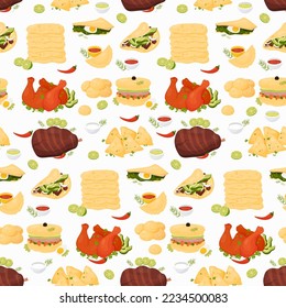 Seamless pattern with Mexican food and latin american traditional cuisine on white background. Vector illustration. Endless background national dishes for culinary decoration and design
