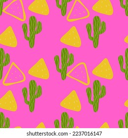 Seamless pattern with Mexican food nachos  and cactus illustration on pink background