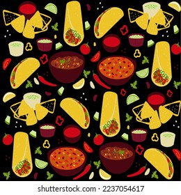 Seamless pattern with Mexican food Tacos, Burrito, Chili Con Carne, Guacamole, Salsa roja sauce illustration on black background