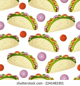 Seamless pattern with mexican food tacos, onion and tomato rings. Fast food restaurant and street food snacks, meat tortillas, takeaway food delivery