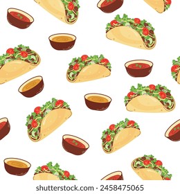 Seamless pattern with Mexican food. Tacos with sauces. Latin American food on white background. Vector illustration.