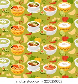 Seamless pattern with Mexican food. Tomato soup with tortilla chips, green avocado soup, rice pudding and Hot crab pie on green background with Empanada and chili peppers. Vector illustration