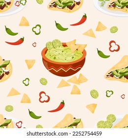 Seamless pattern with Mexican food. Traditional Guacamole sauce and Mexican Tacos on light background with tortilla chips and chili and lime. Vector endless background with latin american food