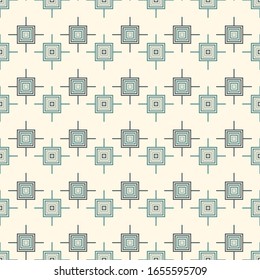 Seamless pattern. Mexican god's eye mandala style motif background. Ethnic surface print. Ornamental folk wallpaper. Simple geometric ornament with squares, crosses. Geo vector abstract illustration