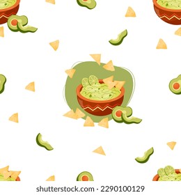 Patrón inquebrantable con salsa guacamole mexicana verde con lima sobre fondo blanco con chips de nachos y aguacate. Ilustración vectorial. Un entorno interminable con comida latinoamericana tradicional