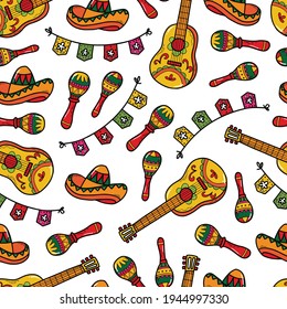 seamless pattern with mexican guitars, sombrero, maracas and cinco de mayo flags. Good for posters, prints, cards, wrapping paper, wallpaper, textile and fabric. EPS 10