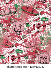 Seamless pattern for Mexican holiday 5 may Cinco De Mayo with traditional Mexican symbols.Suitable for fabric, wrapping paper and the like. Vector illustration 
